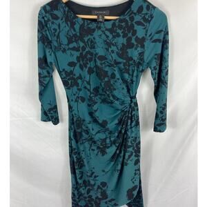 Tahari Green Floral Print Gathered Side Dress Size 4